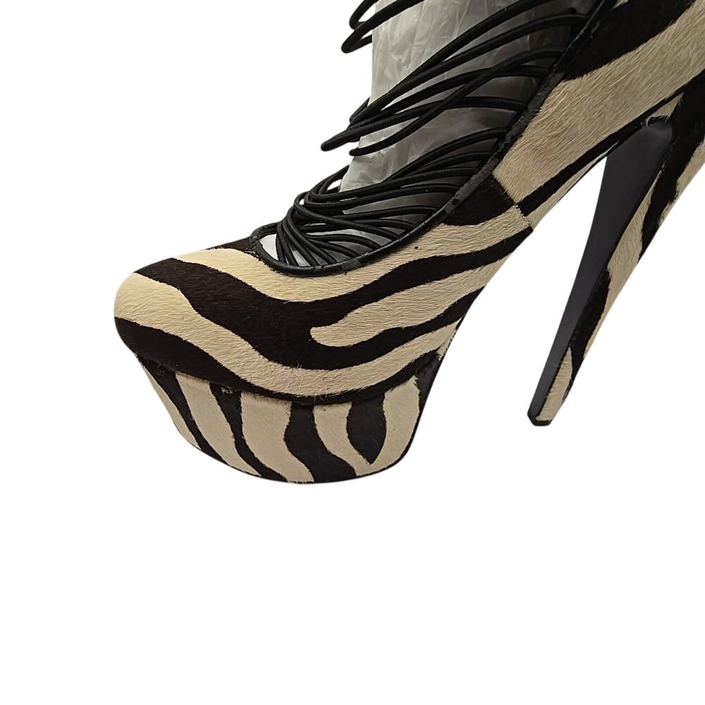 London Trash Zebra Stripes Pony Hair Platform Shoes Heels Leather sz 8 Pinup - Picture 4 of 16